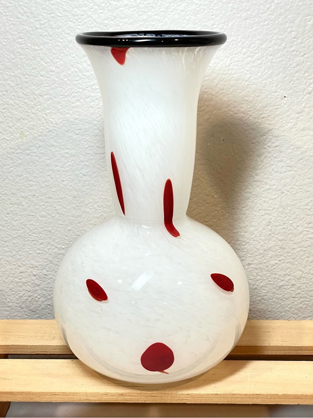 Mottled White w Red Abstract Polka Dots Black Top Rim Glass Art Vase | EUC